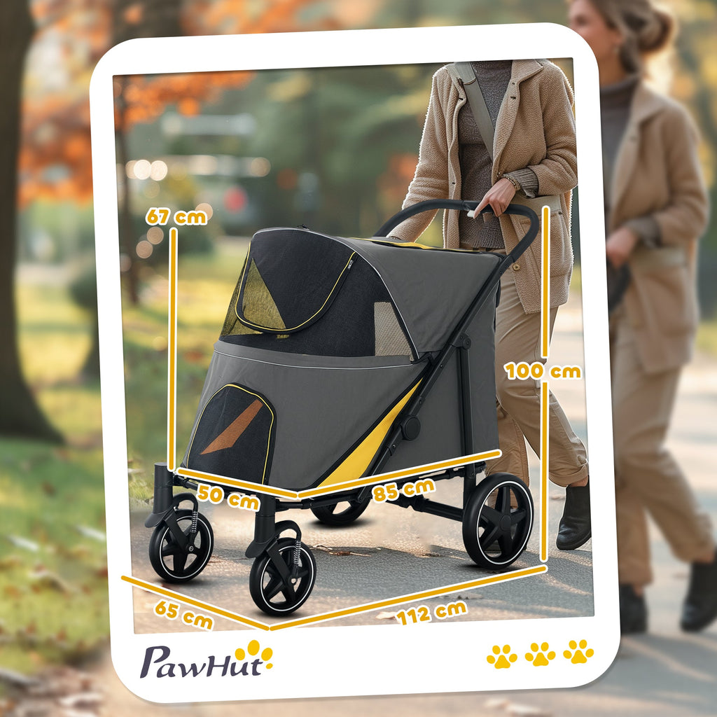Close-up of shock absorber wheels on PawHut pet stroller