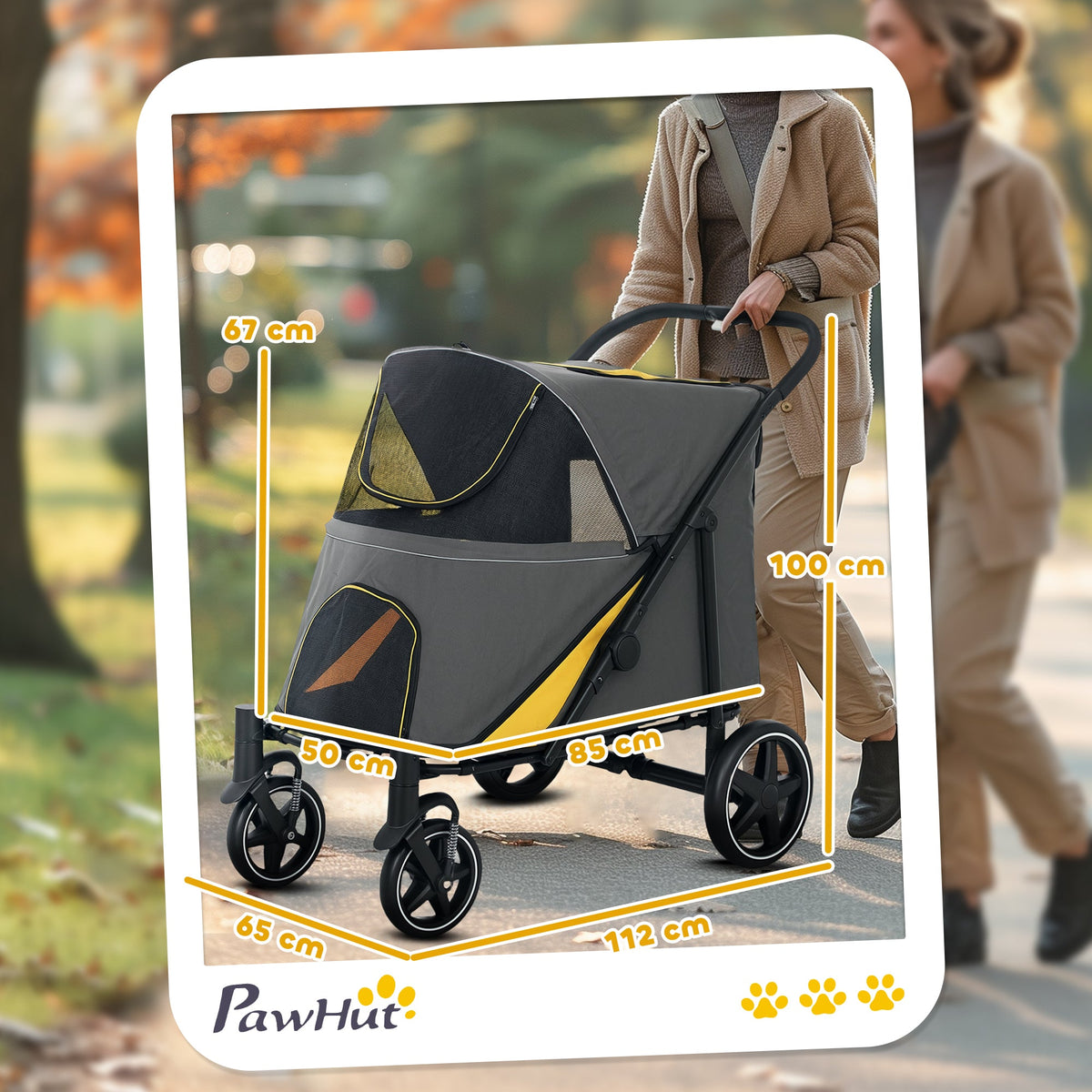Close-up of shock absorber wheels on PawHut pet stroller