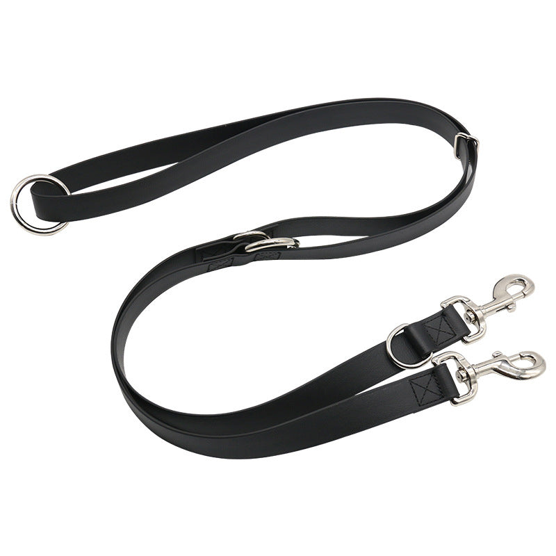 Dog on multi-way lead tethered to a post