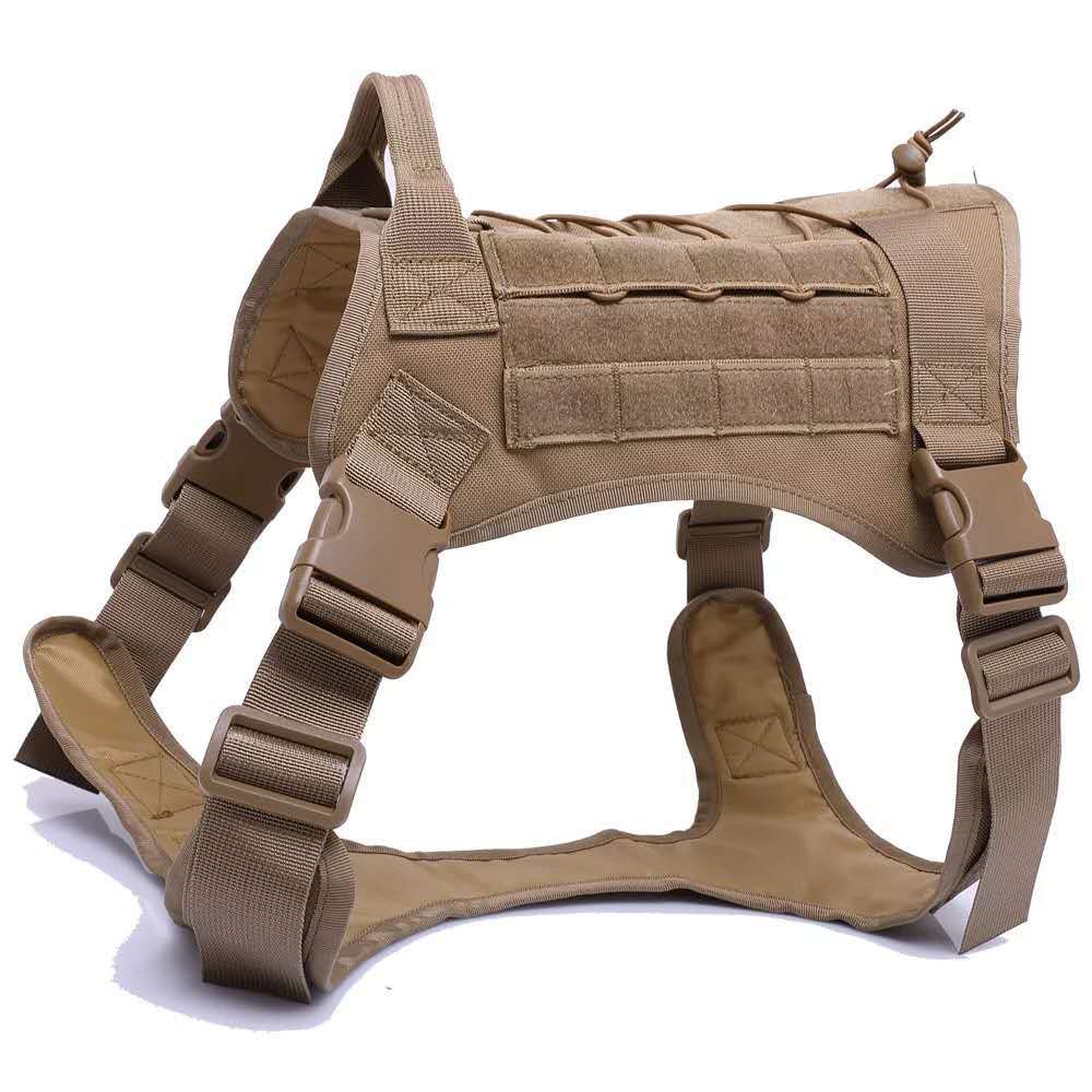 Tactical dog harness colour options, black brown green camo