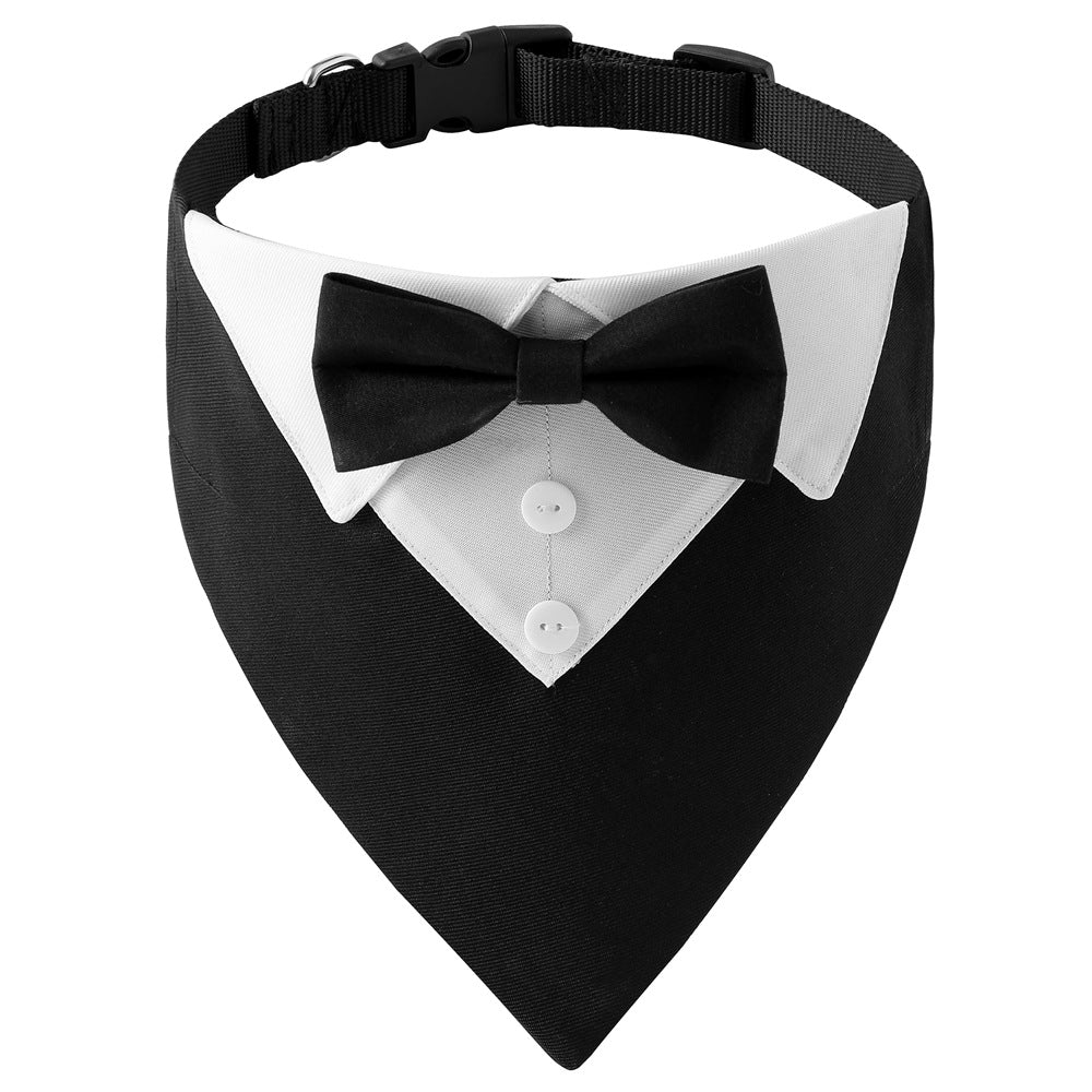 Dog wearing formal wedding scarf bandana at a party