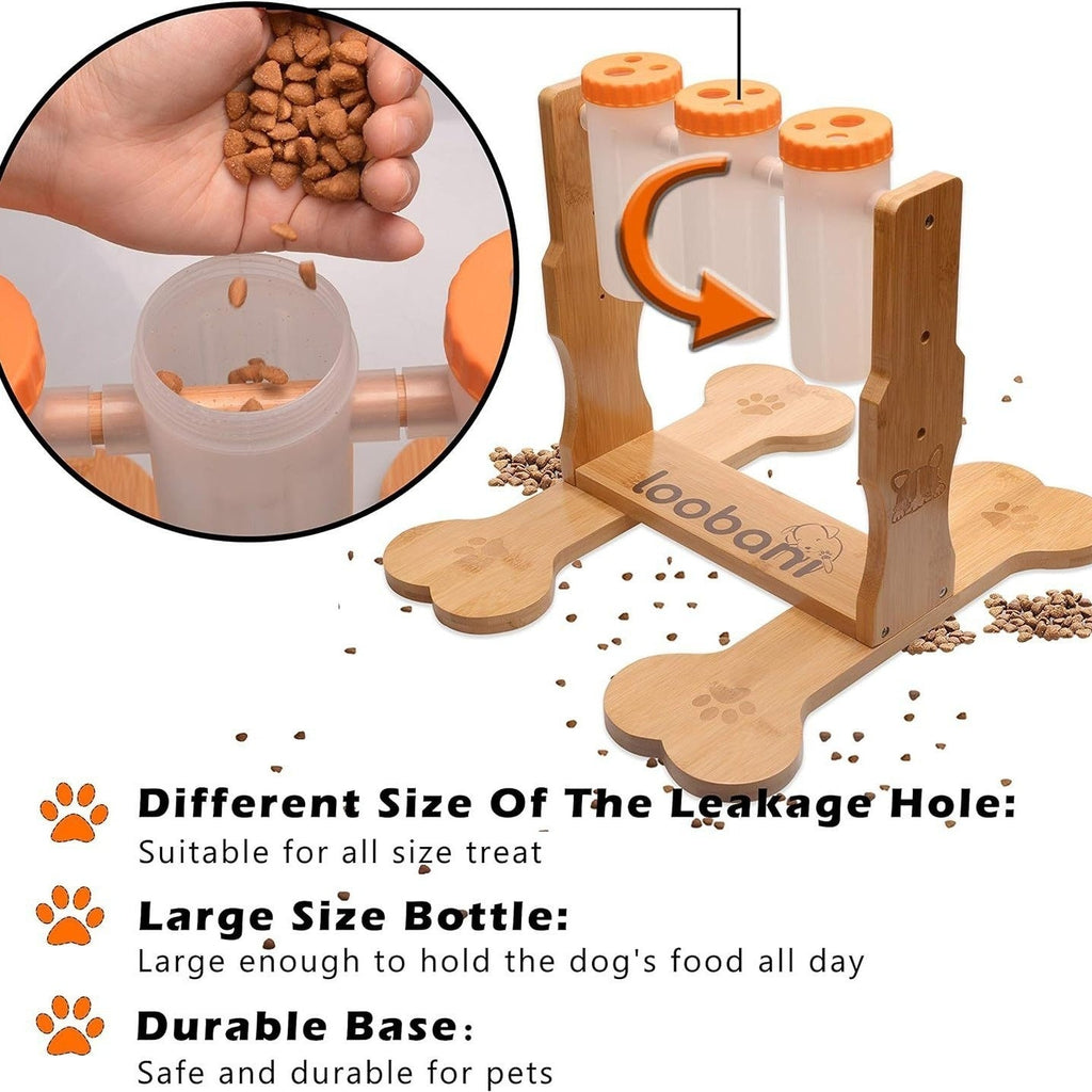 Small dog working out wooden puzzle feeder on the floor
