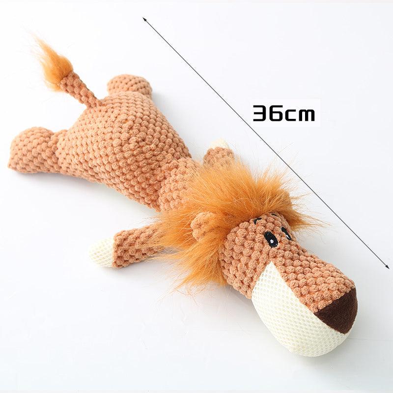 Three plush squeaky chew toy characters lined up together