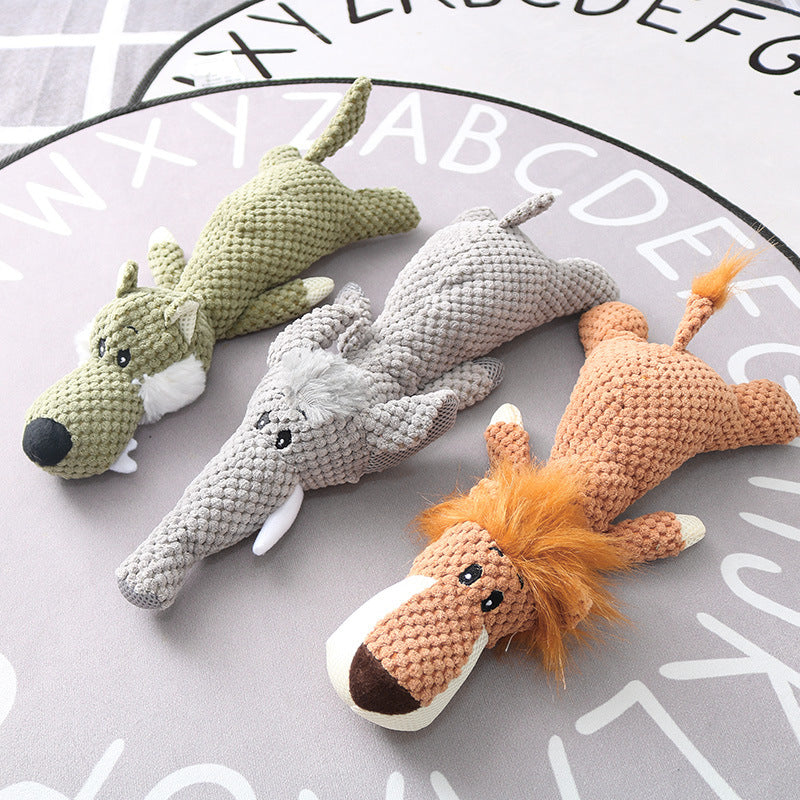 Plush squeaky chew toy for small dogs, elephant lion and wolf characters