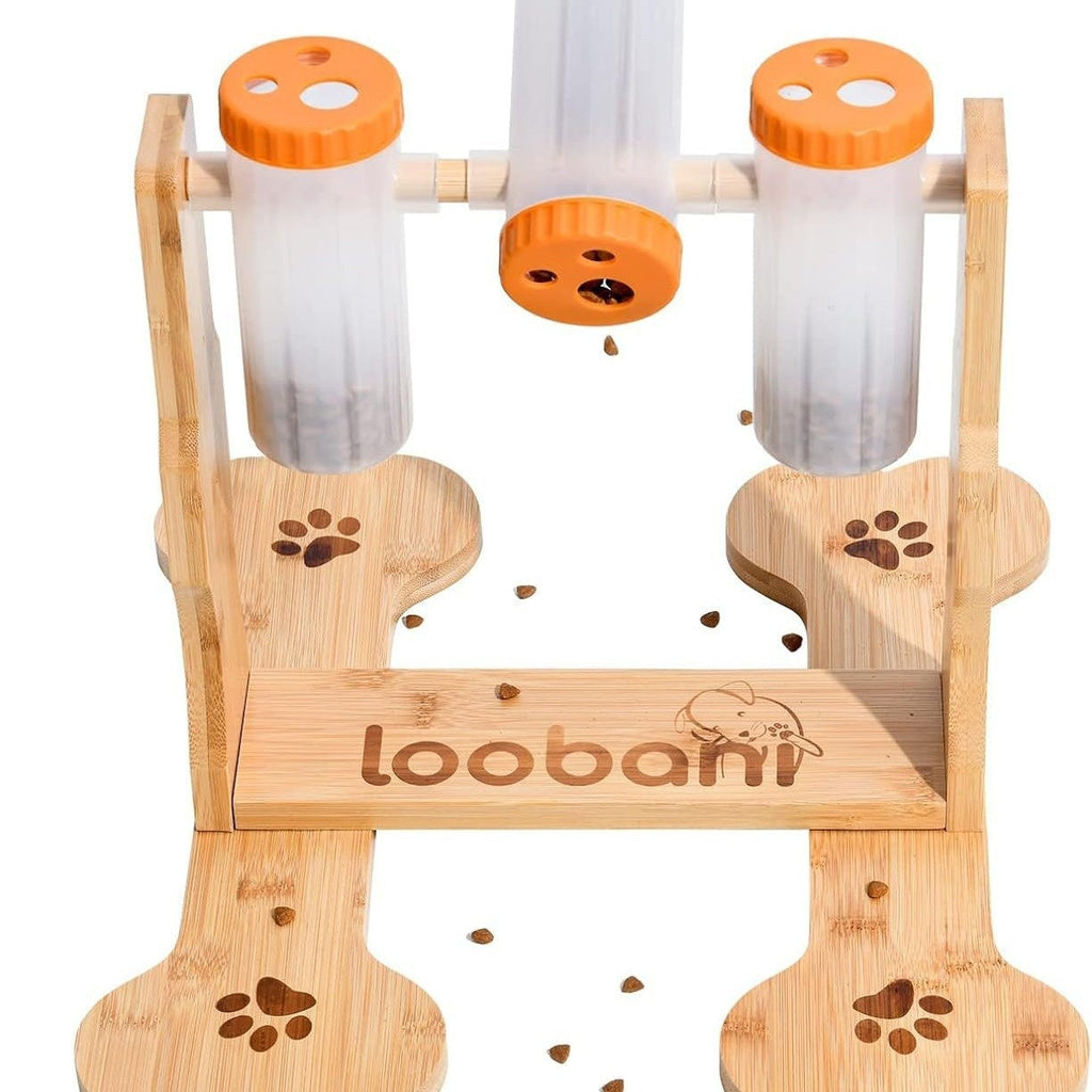 Wooden puzzle feeder filled with kibble treats