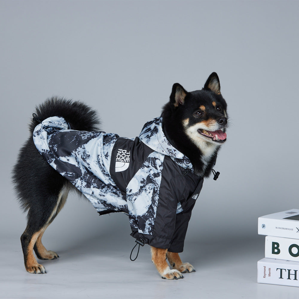 Windproof padded winter dog coat, snow mountain print, two-piece